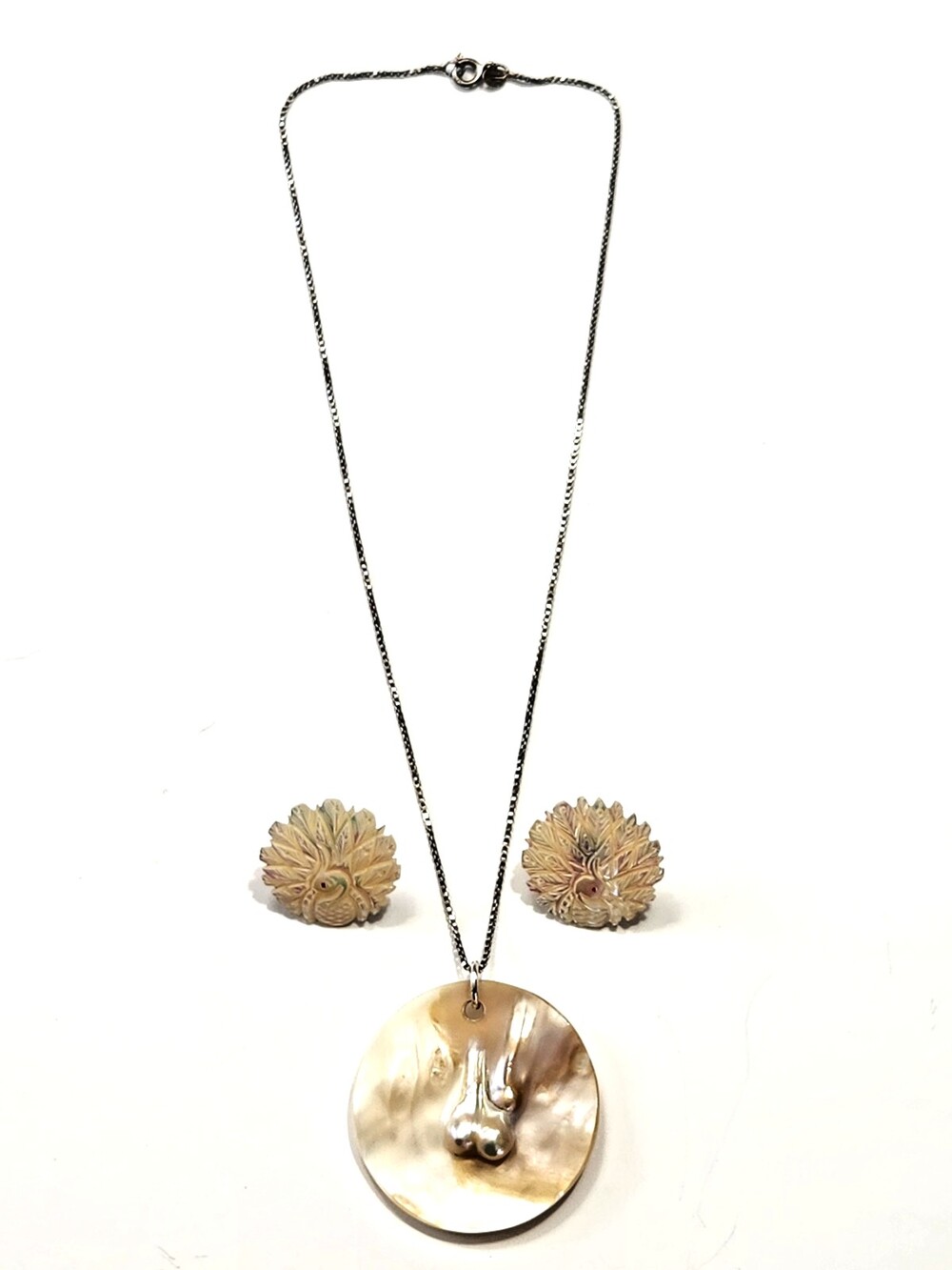 Blister Pearl Shell Pendant Sterling Box Chain Carved MOP Peacock Post Earrings